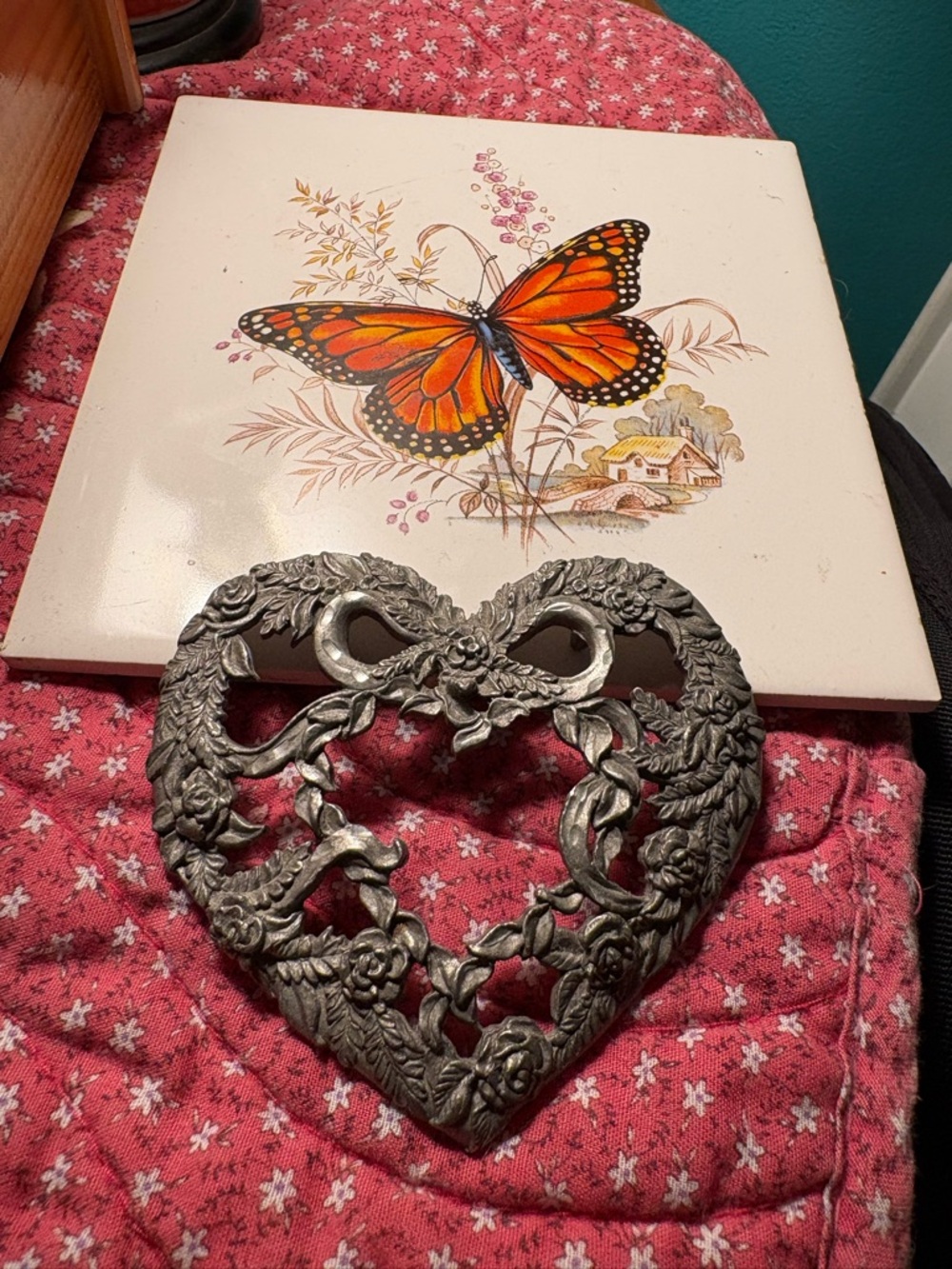 Vintage 1995 Pewter Floral Heart with Ornate Bow
